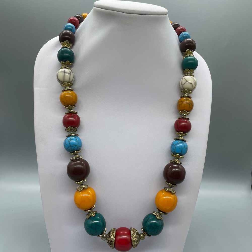 Boho Chunky Multi Color Bead Necklace Brass Filigree Statement 22 Inch Vintage